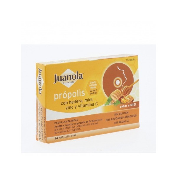 JUANOLA PROPOLIS MIEL HIEDRA ZINC Y VITAMINA C 24 PASTILLAS DE GOMA SABOR MIEL