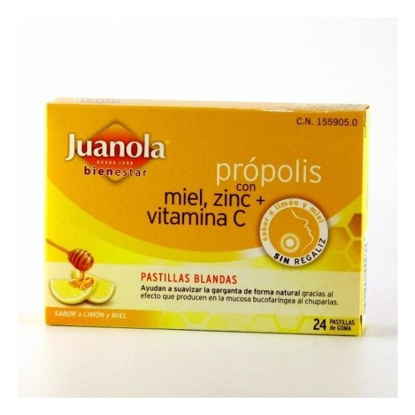 JUANOLA PROPOLIS MIEL ZINC Y VITAMINA C 24 PASTILLAS DE GOMA SABOR LIMON MIEL