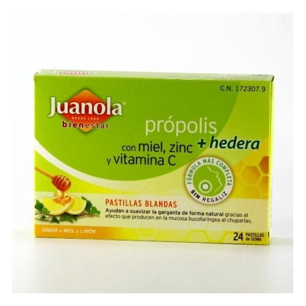 JUANOLA PROPOLIS MIEL HIEDRA ZINC Y VITAMINA C 24 PASTILLAS DE GOMA SABOR MIEL Y LIMON